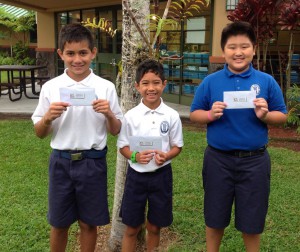 Keala, grade 4; Makena, grade 3; and Dylan, grade 5 are our lucky January drawing winners!  Itʻs an all kane sweep! 