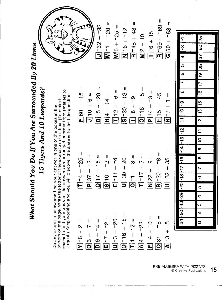 Pizzazz p.15 add & subtract integers Cheryl Nishida