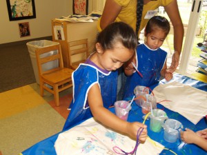 Doing string art to decorate our Pauahi Book Bags